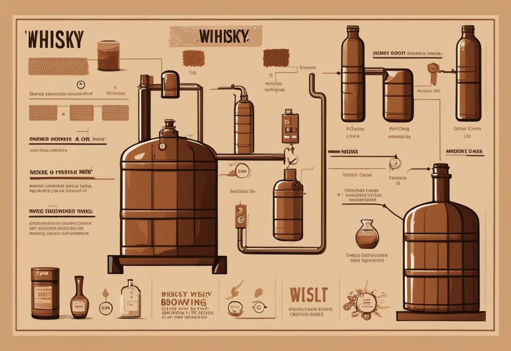 Vintage digitale Illustration, die den Whisky-Produktionsprozess von der Getreideauswahl bis zur Abfüllung zeigt, Hauptfarbthema braun.