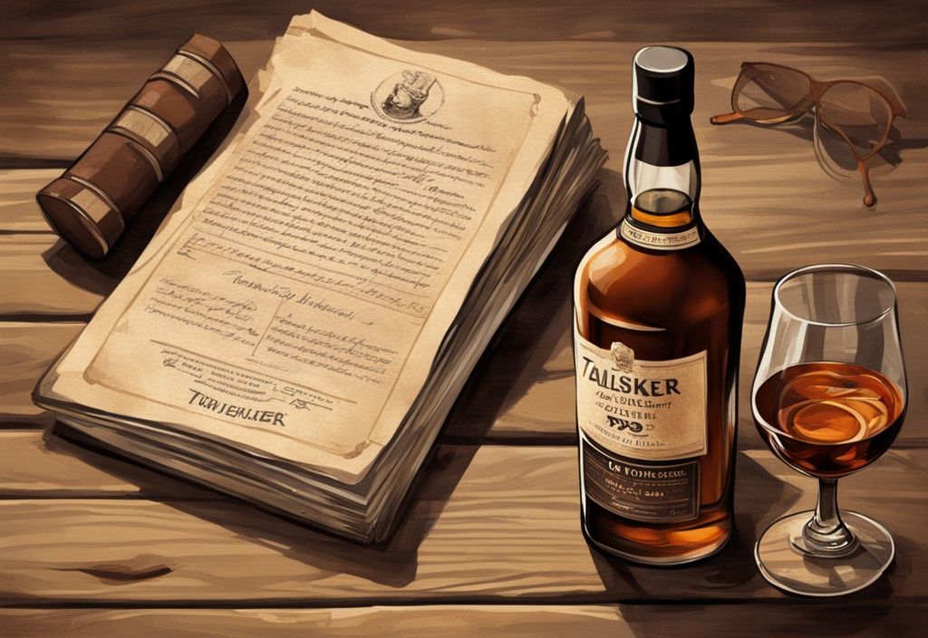 Vintage-Digitalgemälde mit brauner Farbgebung: Talisker Port Ruighe Whiskyflasche auf rustikalem Holztisch, halbvolles Whiskyglas und Verkostungsnotizen.