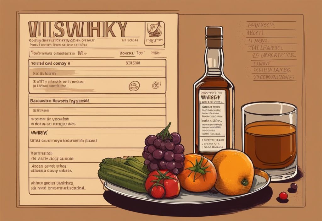 Vintage-Digitalgemälde mit einem Glas Whisky neben gesunden Früchten und Gemüse, im Hintergrund ein Vergleichsdiagramm zu den Gesundheitsvorteilen und Nachteilen von Whisky; wie gesund ist Whisky