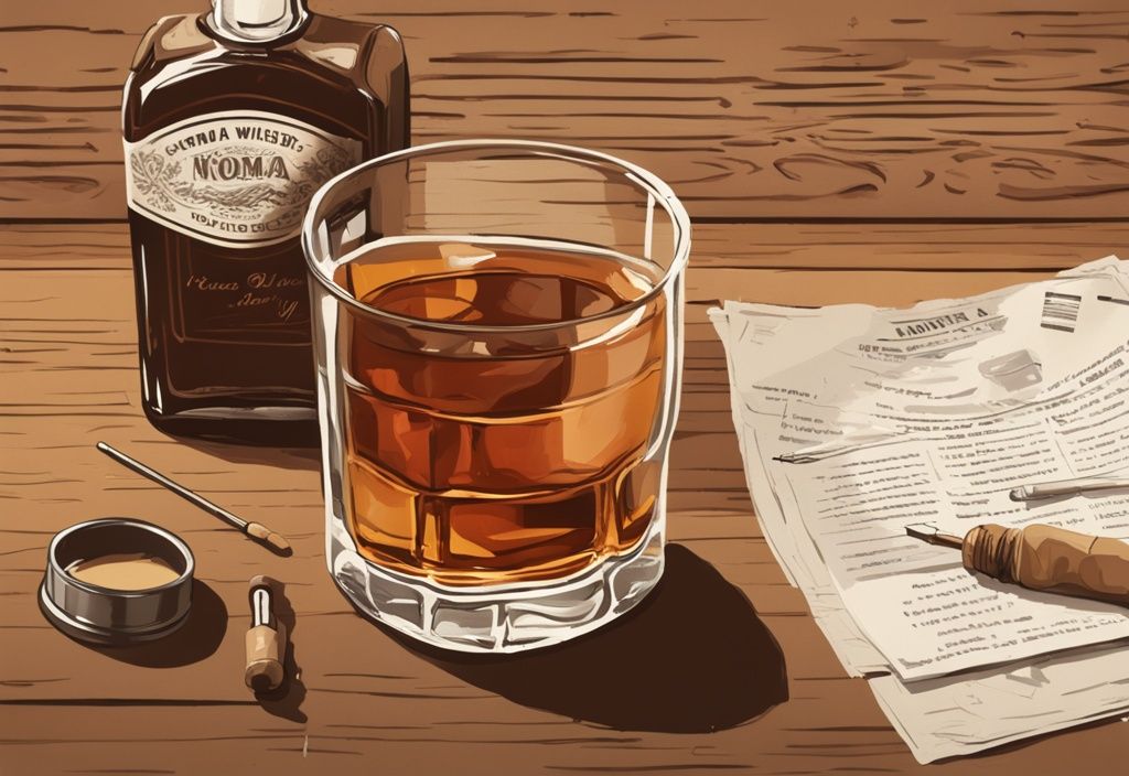 Vintage-Digitalgemälde mit braunem Farbschema: Ein Whiskyglas mit Norma Whisky, eine Flasche der gleichen Marke im Hintergrund und ein Testkit auf einem Holztisch – Norma Whisky Test.