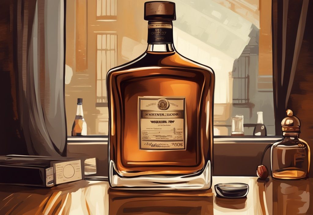 Vintage-Digitalgemälde-Illustration eines hochwertigen Whiskyflasche mit Preisschild in luxuriösem Ambiente, was kostet ein guter Whisky