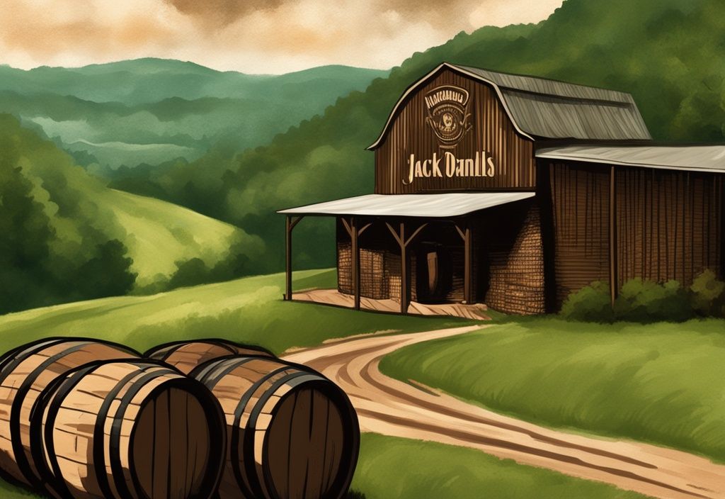 Vintage-Digitalgemälde der Jack Daniels Destillerie in Lynchburg, Tennessee, mit Whiskeyfässern im Vordergrund und grünen Hügeln im Hintergrund, Hauptfarbton Braun