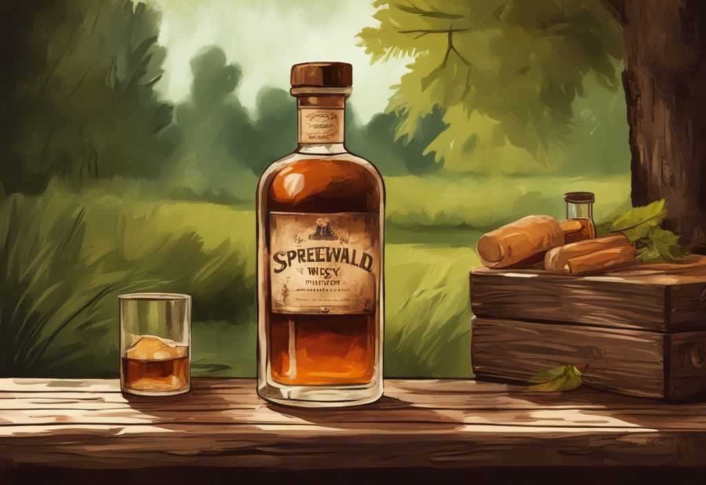 Vintage-Digital-Gemälde-Illustration einer rustikalen Flasche Spreewald Whisky auf einem Holztisch, umgeben von üppigem Grün des Spreewalds