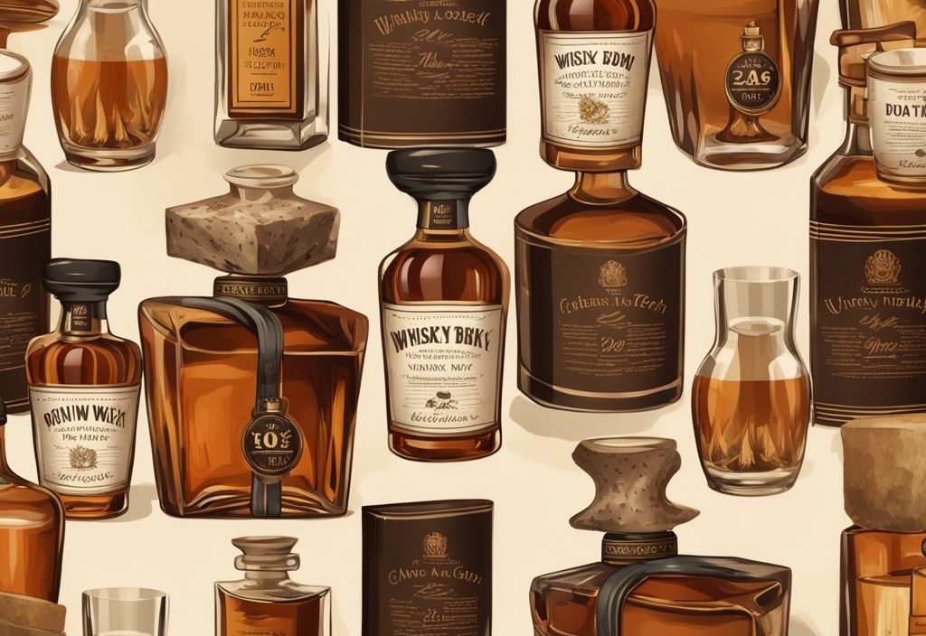 Vintage-Digital-Gemälde mit braunem Farbthema, das verschiedene Whisky-Geschenke zeigt, darunter eine Flasche Premium-Whisky, Kristallgläser, ein Whisky-Dekanter, ein Whisky-Tasting-Journal und Whisky-Steine; was schenkt man einem Whisky Liebhaber.