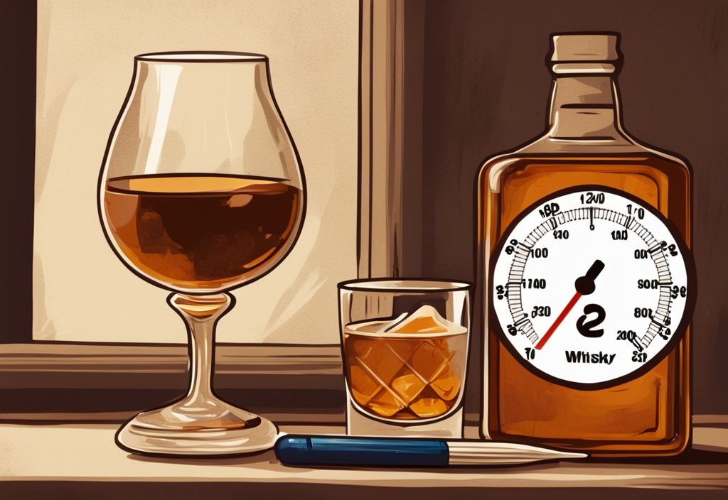 Vintage-Digitalgemälde mit braunem Farbschema, Whiskyglas und Thermometer zur Anzeige der idealen Whisky Trinktemperatur.