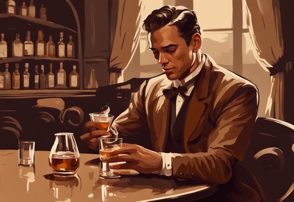 Vintage digitale Malerei Illustration eines Mannes in einem eleganten Ambiente, der ein Glas Whiskey schwenkt und sich auf einen Schluck vorbereitet. wie trinkt man Whiskey