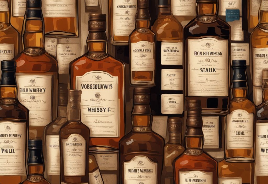 Vintage digitale Malerei mit braunem Farbschema, hochwertige Whiskyflasche mit Preisschild umgeben von günstigeren Whiskyflaschen.