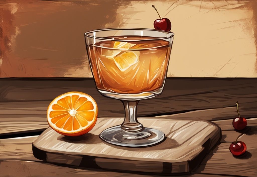 Nahaufnahme eines Whisky Sour Cocktails mit Kirsche und Orangenscheibe auf einem rustikalen Holztisch, was ist Whisky Sour