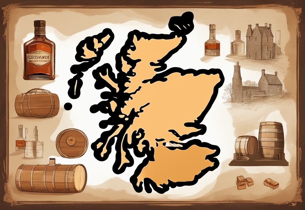 Digitale Vintage-Illustration einer Schottland-Karte mit Whiskyflaschen-Symbolen, die Destillerien darstellen, braunes Farbschema