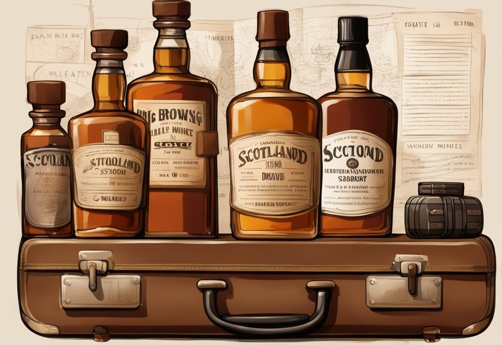 Vintage Digital Painting Illustration von Whiskyflaschen in einem Koffer mit Reisepass und Schottland Reiseführer, braunes Farbschema