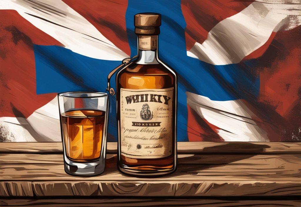 Vintage Digitale Malerei Illustration einer Whiskyflasche auf einem rustikalen Holztisch mit Preisschild und schwedischer Flagge im Hintergrund, Hauptfarbthema Braun