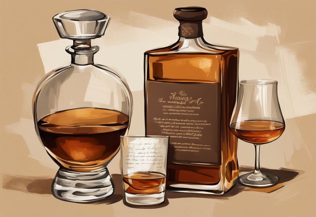 Vintage digitale Illustration in Brauntönen, Geschenkideen für Whisky-Liebhaber, darunter eine hochwertige Whiskyflasche, Kristallgläser, ein Whisky-Tagebuch und ein Whisky-Dekanter-Set