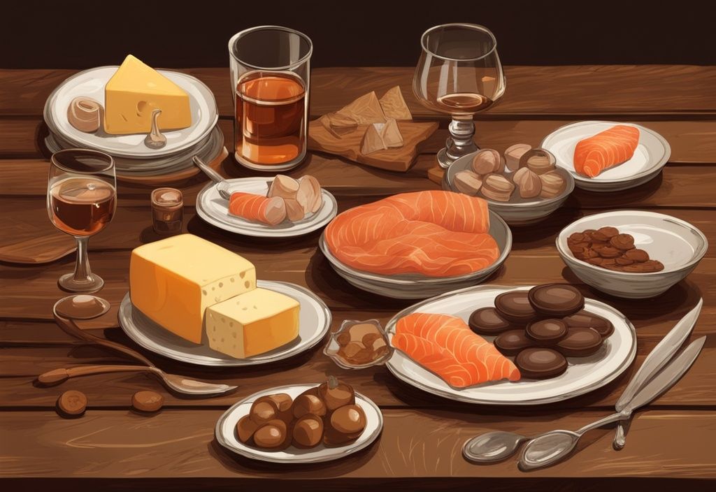 Vintage-Digitalbild mit braunen Farbtönen, Gourmetgerichte wie Käse, Schokolade und Räucherlachs auf Holztisch, Whiskygläser daneben, was isst man zum Whisky Tasting