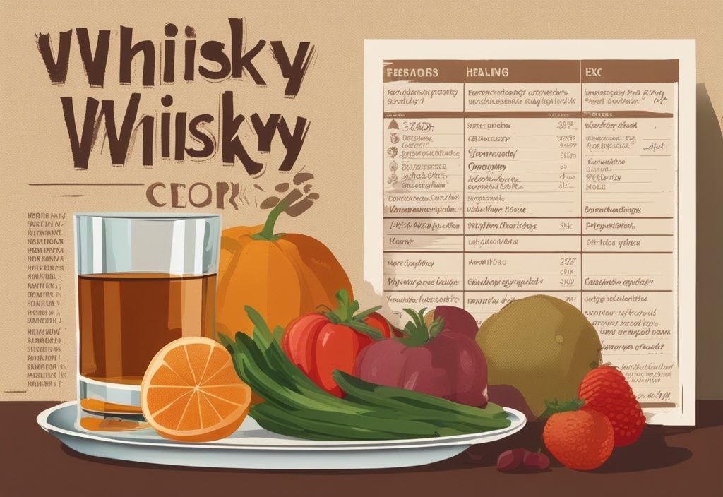 Vintage-Digitalgemälde mit einem Glas Whisky neben gesunden Früchten und Gemüse, im Hintergrund ein Vergleichsdiagramm der gesundheitlichen Vor- und Nachteile von Whisky, wie gesund ist Whisky.