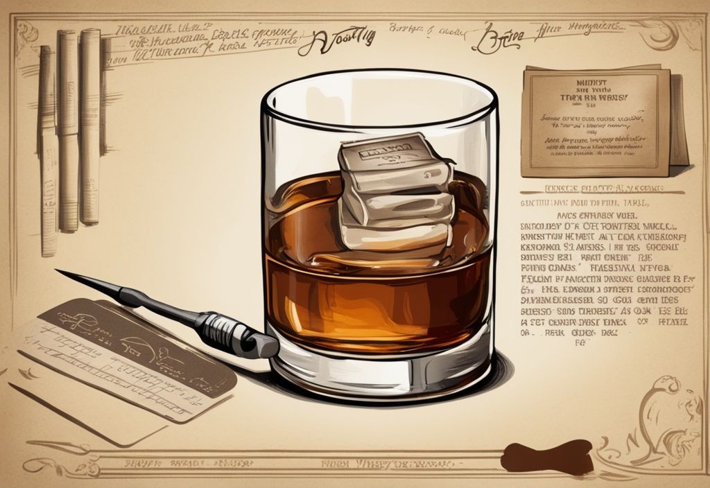 Nahaufnahme eines Whiskyglases, das mit Norma Whiskey gefüllt wird, im Hintergrund eine Verkostungsnotizkarte und ein Testkit, digitale Vintage-Illustration in Brauntönen