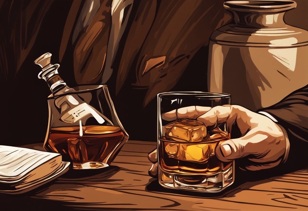 Vintage Digital Painting: Hand hält Whiskeyglas, Premium-Whiskeyflasche, Dekanter und Whiskeystein auf Holztisch in schummrig beleuchteter Atmosphäre