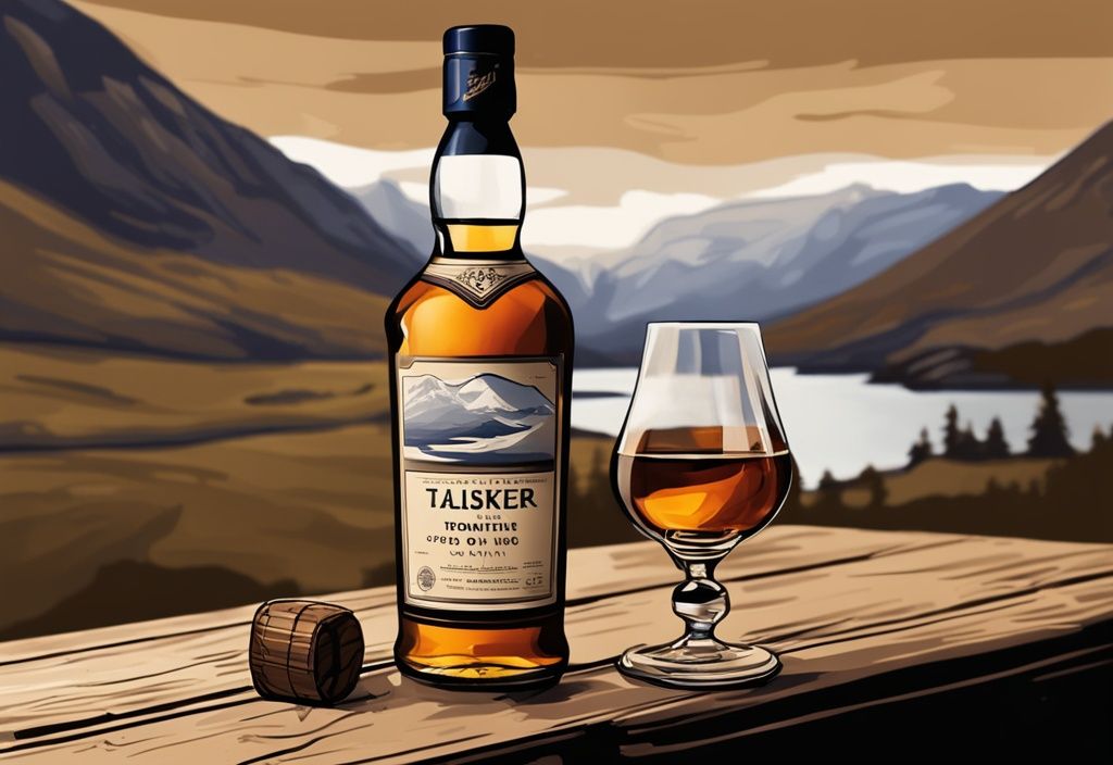 Vintage-Digital-Gemälde mit Talisker 10 Whisky-Flasche und gefülltem Glas auf rustikalem Holztisch vor schottischer Highlands-Kulisse.