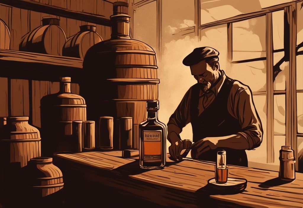 Vintage-Digitalgemälde mit geheimnisvoller Figur, die in einer traditionellen Brennerei eine Flasche Blackwood Whisky herstellt; wer steckt hinter Blackwood Whisky