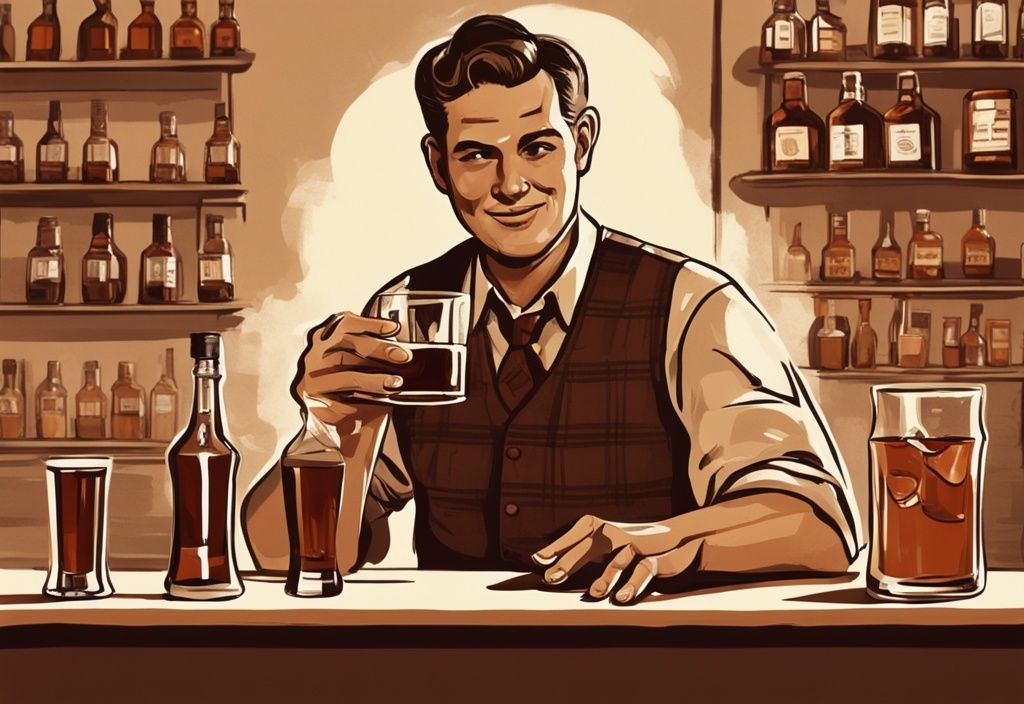 Vintage-Digitalbild-Illustration einer Person mit Whisky-Cola und Anleitung zum richtigen Trinken im Hintergrund, braune Farbtöne