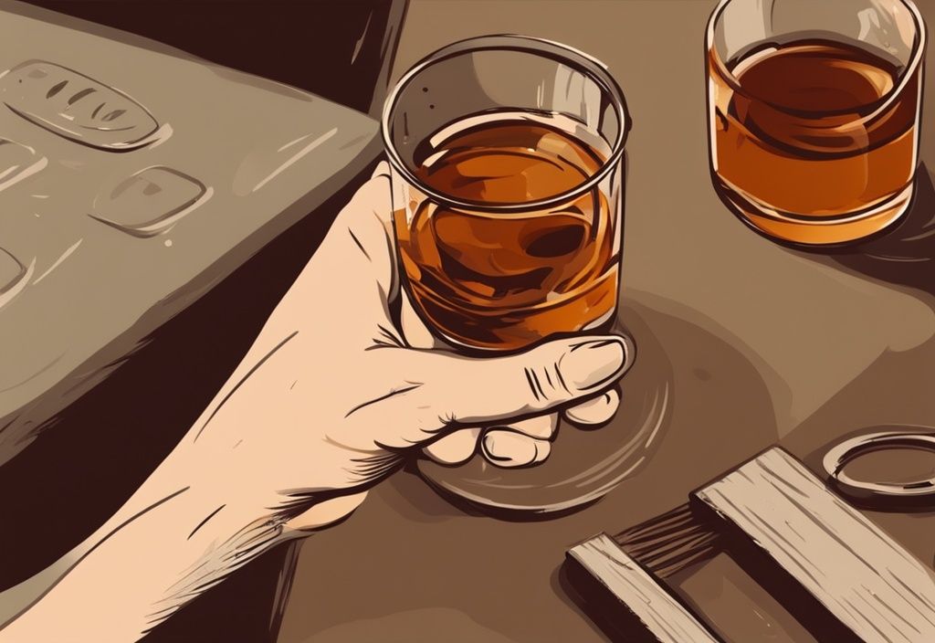 Nahaufnahme einer Hand, die ein Whiskyglas mit einem Thermometer hält, das die optimale Trinktemperatur anzeigt, in einem vintage digitalen Gemälde mit braunem Farbthema.