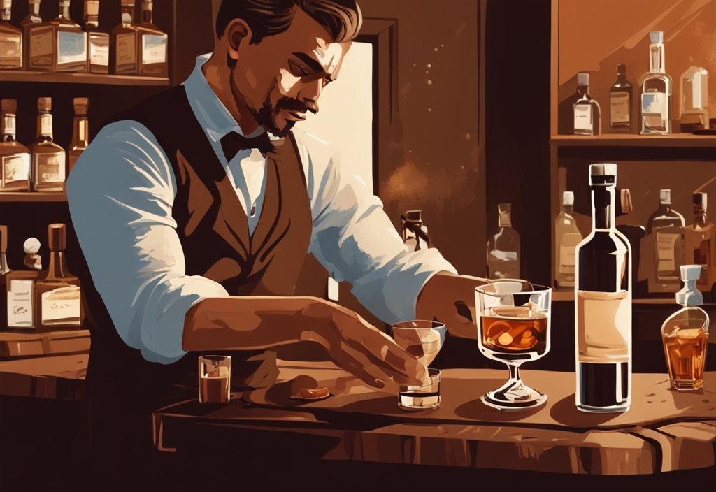 Vintage-Digitalgemälde einer Bar-Szene mit Barkeeper, der Whisky in ein Glas gießt, Flasche, Eiswürfel und Whisky-Steine auf dem Tresen, braune Farbtöne.