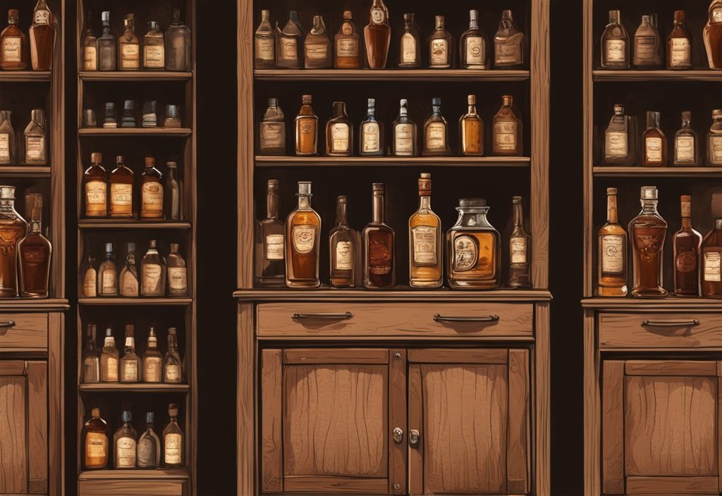 Vintage-Digitalgemälde einer rustikalen Holzkabine mit verschiedenen Whiskyflaschen und einem Glas Whisky oben drauf, Whisky Lagerung.