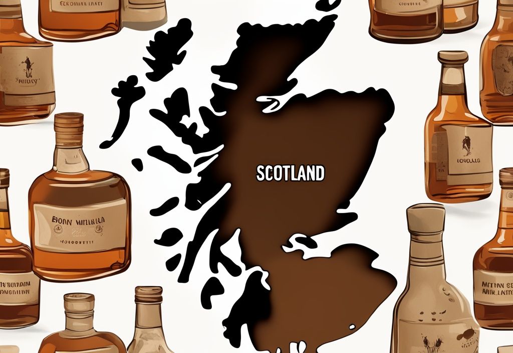 Vintage Digital Painting Illustration einer Schottland-Karte mit Whiskyflaschen-Icons, die Destillerien markieren, braune Farbtöne